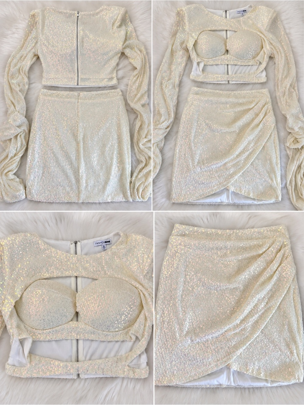 Fashion Nova Ivory Sequin Two-Piece Skirt Set